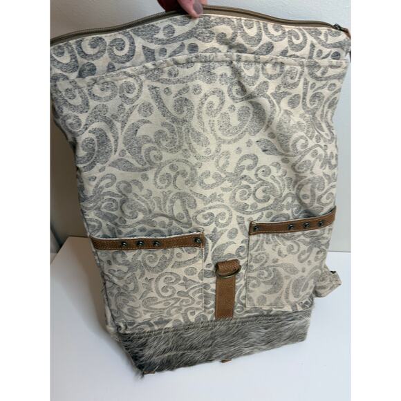 Myra Bag Backpack Upcycled Canvas Leather Hair on Hide Large Excellent Condition - Picture 4 of 11